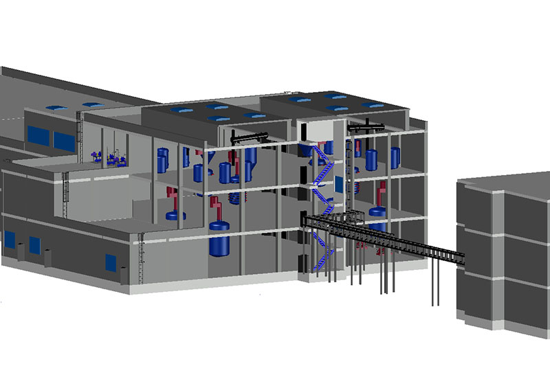 Konzeptstudie Polyesterproduktion mit Tank- und Reaktionsanlagen innerhalb eines Gebäudes inkl. Hauptrohrtrassenplanung. (Planung einer Harzproduktionsanlage für ein Greenfield-Projekt). PCR Engineering, Anlagenplanung, Rohrleitungsplanung