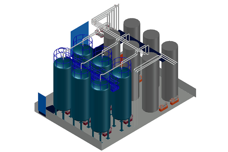 Tanklagererweiterung. Zu 6 bestehenden Tanks wurden nach einem 3D Scan zur Datenaufnahme weitere 6 Tanks hinzukonstruiert. Engineering umfasst Planung der Rohrleitungen und Zugangs-/ Sicherheitskonzepte. z.B. Brennbare Flüssigkeiten, Bindemittel, TRGS 509